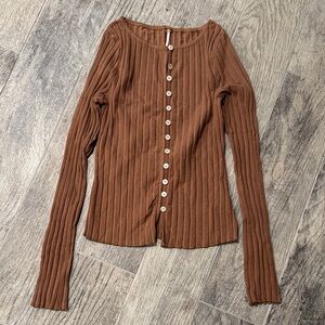 Free People Ribbed Button-Down in Rich Brown